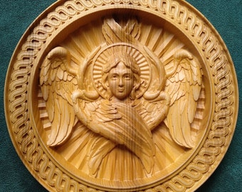 Cherub, winged angelic, angel in a round frame, wooden angel, Carved Angel, angel decoration, angel wall decor, wooden cherub