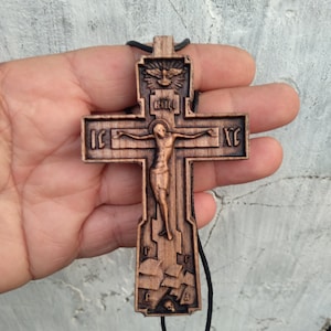 Hand Carved Wooden Pectoral Cross | 4 Inch Christian Crucifix | Religious Gift | Orthodox Wooden Cross | Handmade Faith Pendant