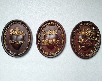 Three Sacred Hearts of the Holy Family Wall Hanging Religious Home Decor Three Wooden Panels