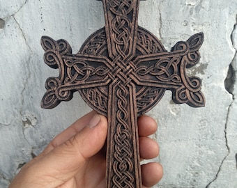 Armenian Carved Wood Cross: Sprouted Blooming Design