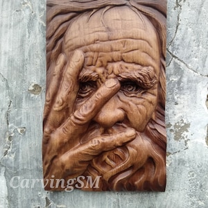 Wood Carved Wall Decoration Plaque with Old Man's Face - Perfect Gift Idea