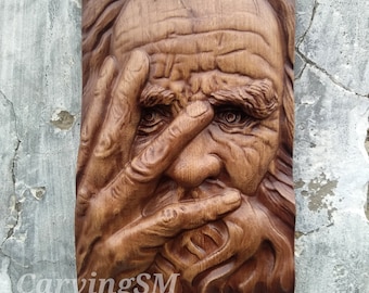 Wood Carved Wall Decoration Plaque with Old Man's Face - Perfect Gift Idea