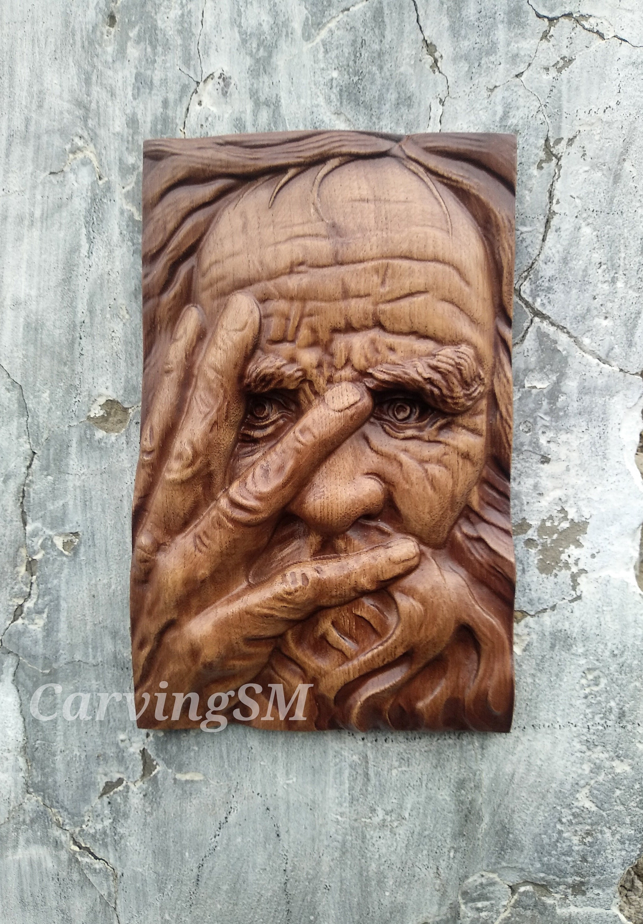 Wood Carved Wall Decoration Plaque with Old Man's Face - Perfect Gift Idea