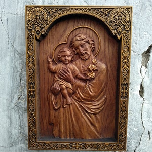 Saint Joseph, carved wooden icon, oak wood, religious wood carving wall, original gift