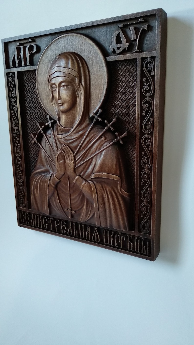 Mother of God Seven Arrows Softening of Evil Hearts Wooden carved icon Hand-made carved decor Gift for family Christian icon Holy Face image 3