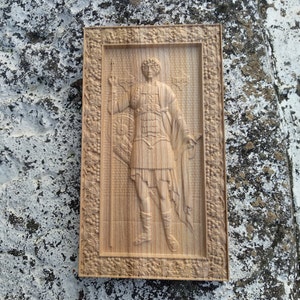 St. Georg der Siegreiche in vollem Wachstum. Aus Holz geschnitzte Ikone Geschenk für Familie Geschnitztes Geschenk Christliche Ikone