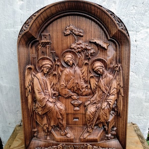 Ícone esculpido em madeira da Santíssima Trindade "Santíssima Trindade", ícone ortodoxo da Santíssima Trindade, ícone ortodoxo da Trindade, arte de escultura religiosa