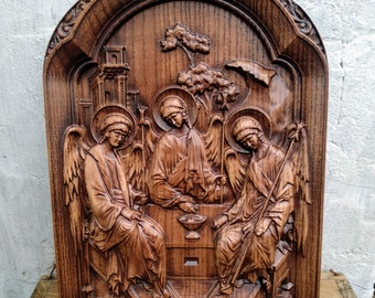 Holy Trinity Wooden carved Icon &quot;Holy Trinity&quot;, Orthodox icon of the Holy Trinity, The Trinity Orthodox Icon,religious carving art