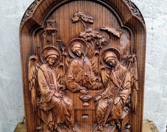 Holy Trinity Wooden carved Icon "Holy Trinity", Orthodox icon of the Holy Trinity, The Trinity Orthodox Icon,religious carving art