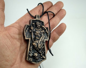 Carved Oak Saint Michael Pectoral Cross