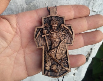 Carved Oak Wood Cross: St Michael Archangel Pectoral Cross