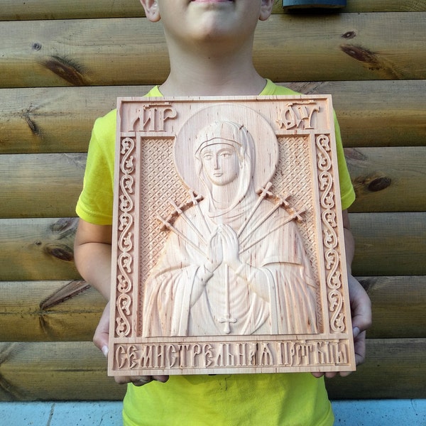 Madre de Dios Siete flechas "Softening of Evil Hearts" Icono tallado de madera Hecho a mano decoración tallada Regalo para el icono cristiano de la familia Holy Face