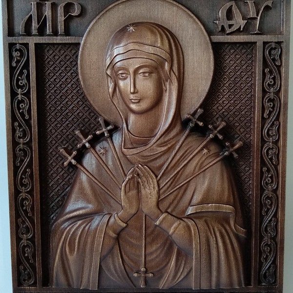 Mother of God Seven Arrows “Softening of Evil Hearts” Wooden carved icon Hand-made carved decor Gift for family Christian icon Holy Face