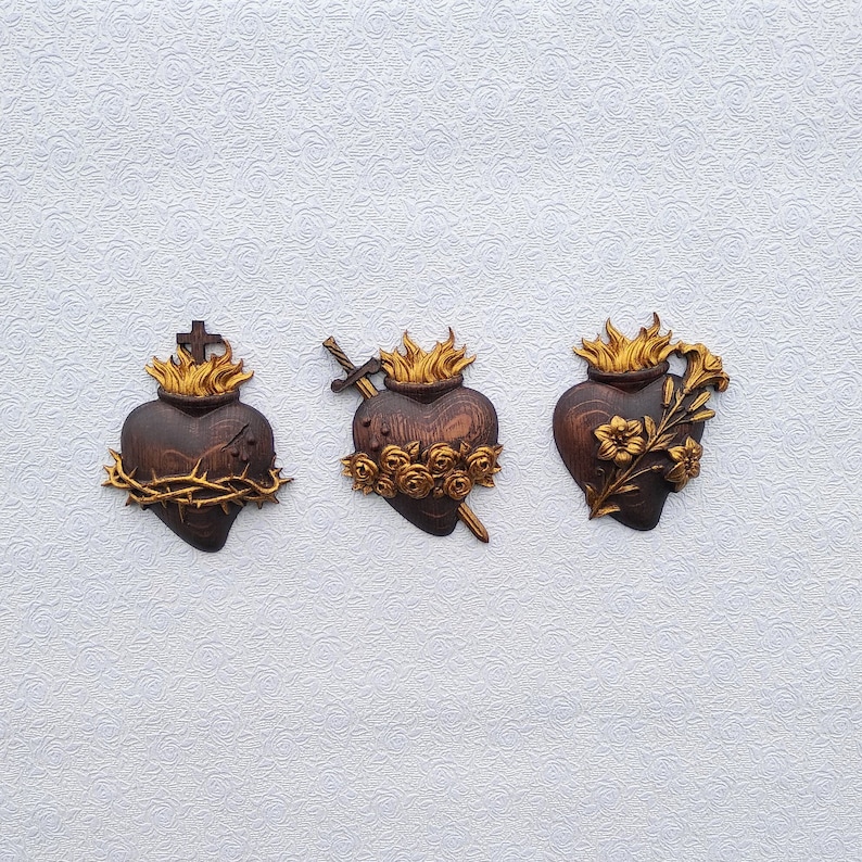 Holy Family Hearts , Wooden hearts set 3 , Jesus, Virgin Mary ,Saint Joseph