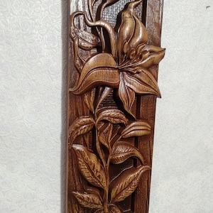 carved wood panel 45 х 16cm  with Carved Lily Flower Design Rustic