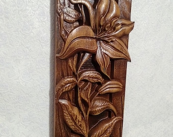 carved wood panel 45 х 16cm  with Carved Lily Flower Design Rustic