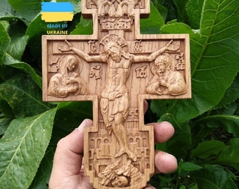 Carved Oak Wooden Crucifix: Jesus Christ Wall Cross