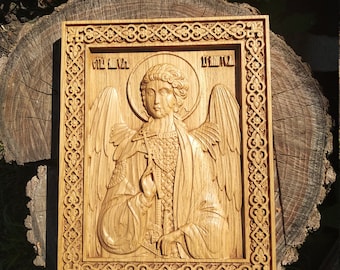 Guardian Angel Icon, Wooden Icon, Guardian Angel Icon Orthodox, religious carving, Wooden carved Icon