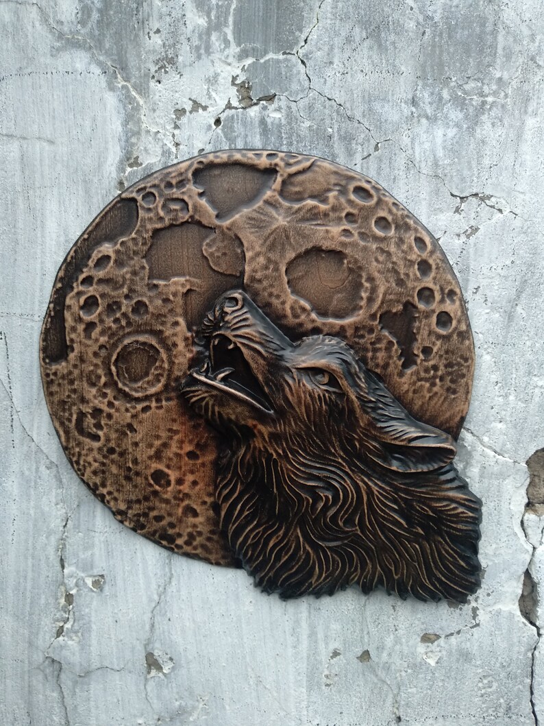 Carved Wood Wolf Howling at Moon Wall Art - Etsy