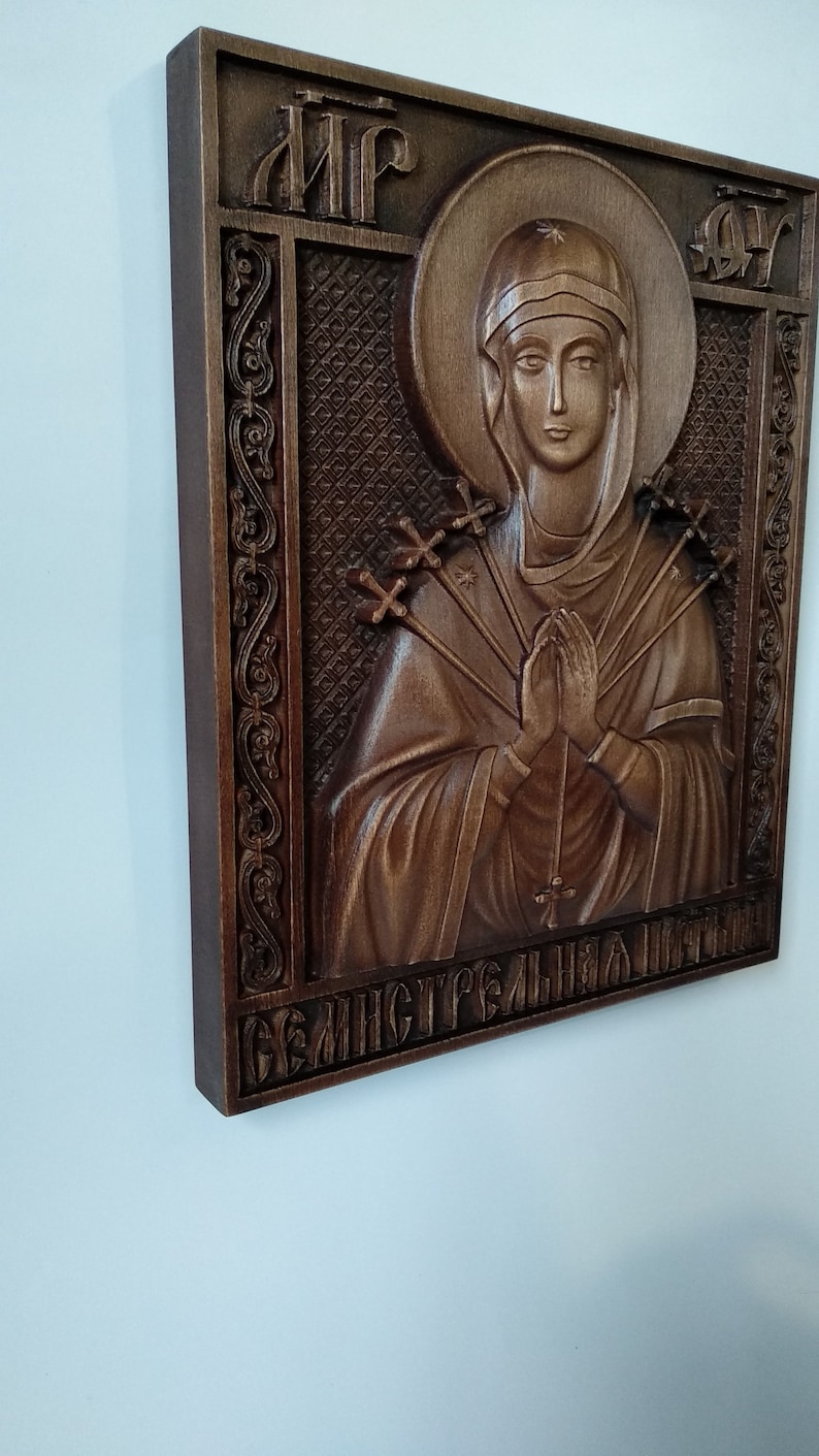 Mother of God Seven Arrows Softening of Evil Hearts Wooden carved icon Hand-made carved decor Gift for family Christian icon Holy Face image 2