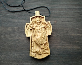 Carved Oak Archangel Michael Cross: Wooden Pectoral Cross