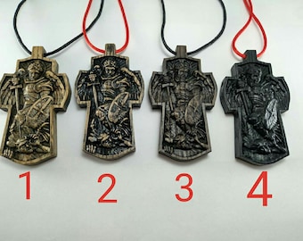 Carved Oak St. Michael Archangel Cross: Wooden Pectoral Cross