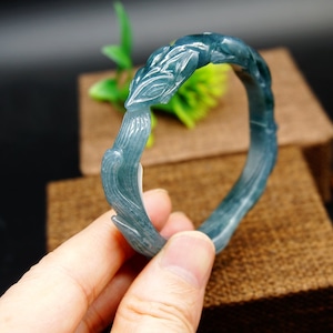 55.8mm 2.2“ Certified Natural Grade A Jadeite  Icy translucent Sky Blue Bangle w  Nine-tailed fox Gemstone 533