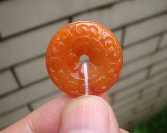 24mm Orange red Type A Grade A Natural Jadeite Jade Fei Cui ( heat treated ) Carved Donut 平安扣Pendant 翡翠 Fei cui  Gemstones Jewelry NO.55