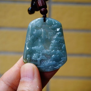 47MM Certified Natural Untreated Grade A  Icy Jadeite Handmade Carved  Style Scenery, Bridge Mountain Tree, pendant Gemstone 3410