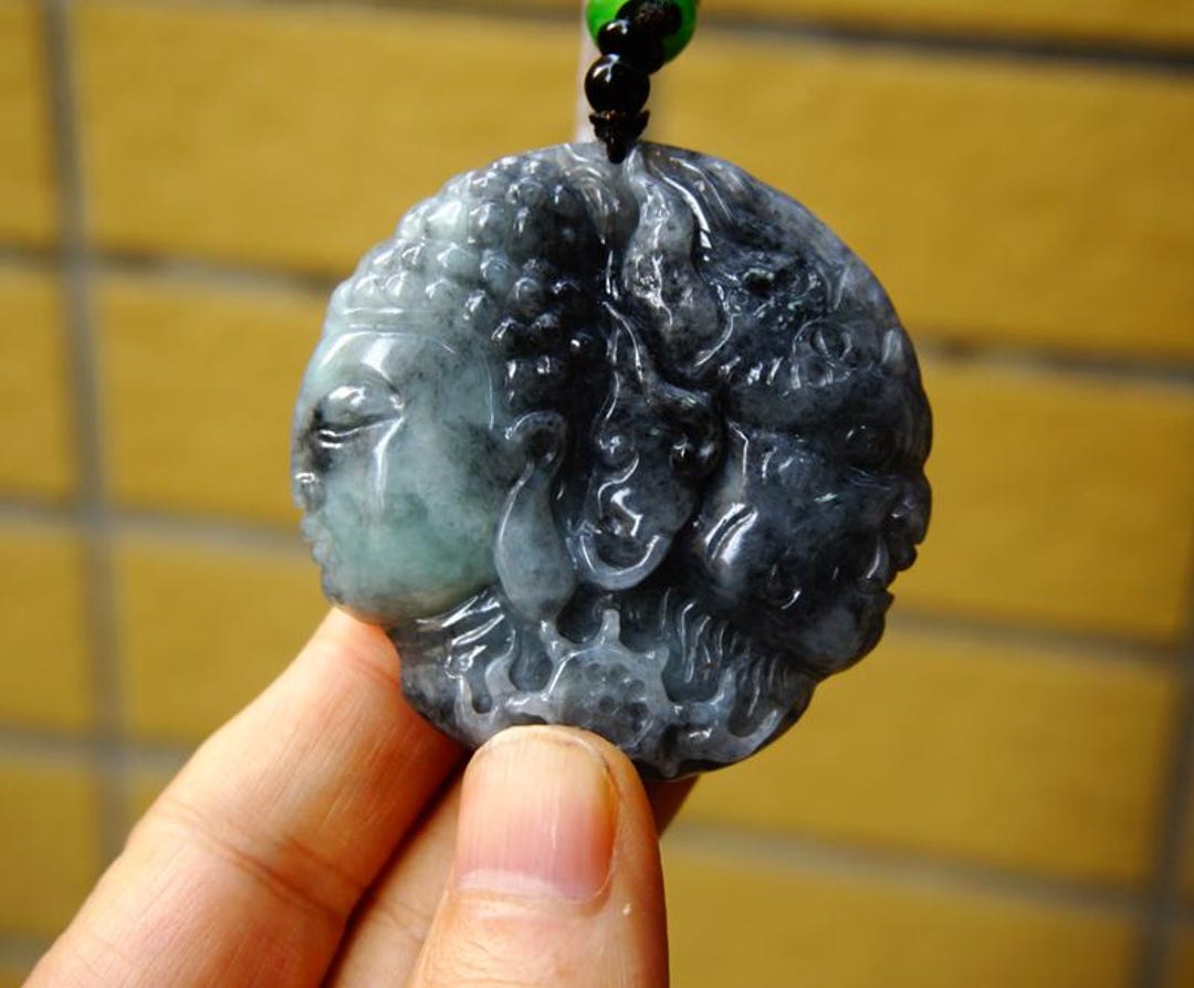 52mm Buddha & Devil (一念成佛一念成魔) 2 Faces Wuji Jadeite Pendant, Smoky Gray ...
