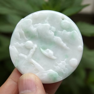 55mm Green White Jadeite Pendant 100% Natural Untreated Grade A Exquisite  Carved Landscape Gemstone w Cerificate 3571