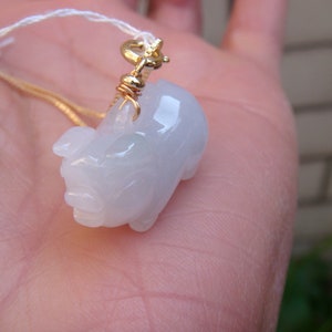 25mm Icy Jadeite 100% Natural Grade A Carved 3D Small Pig Boar   Pendant In 14K Gold Filled Bail Setting w Cerificate 6718