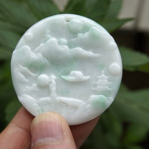 50mm Green White Jadeite  Pendant 100% Natural Untreated Grade A Exquisite  Carved Landscape  Gemstone w Cerificate 3519