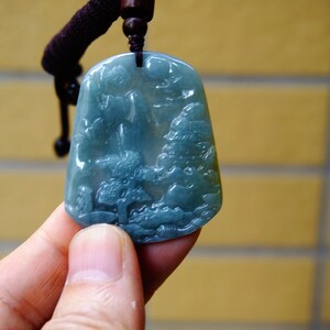 47MM Certified 100% Natural Untreated Grade A Icy Jadeite Handmade Carved  Bridge Mountain Tree, pendant Gemstone273