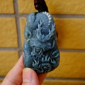 65MM Certified 100% Natural Untreated Grade A Guatemalan Icy Jadeite Jade Handmade Carved Dragon 龍Pendant/Necklace 翡翠 Fei Cui Gemstone 279