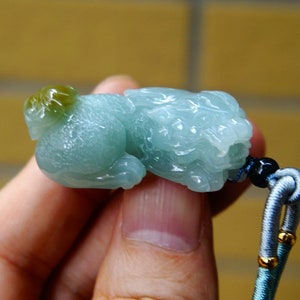 37.3mm Certified 100% Natural Untreated Grade A Green Jadeite Jade Carved Pixiu Ruyi Pendant Burmese Gemstone Jewelry 天然缅甸冰俏色巧雕翡翠貔貅如意吊坠4273