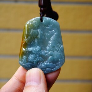 47MM Certified Natural Untreated Grade A Icy Jadeite Handmade Carved  Style Scenery, Bridge Mountain Tree, pendant Gemstone 353
