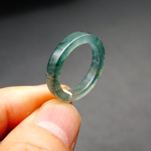 US 7.5,18MM ring Certified Grade A  Translucent Icy Bluish Floral Blue Jadeite Handmade Carved  Square Edged Band Handmade Carved Ring 3153
