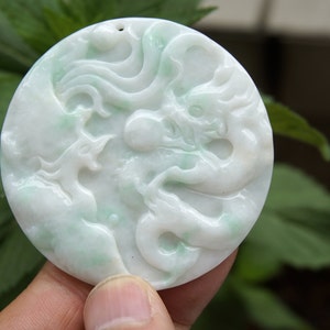 57mm Green White Jadeite Pendant 100% Natural Untreated Grade A Carved Dragon Phoenix  Gemstone w Cerificate 3595