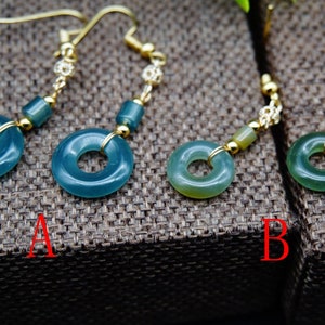 Certified Grade A Jadeite Jade Translucent icy Donut Ring Earrings w 14K Gold plated Guatemalan Jadeite Jade 危地马拉冰浅蓝起光起胶翡翠平安扣耳环配带14K镀金 99/03