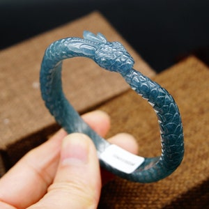 58mm ( 2.28" )Certified 100% Natural Grade A Guatemalan Icy Translucence Blue Green Jadeite Jade W Dragon Bangle Gemstone 天然危地马拉冰翡翠手镯 568