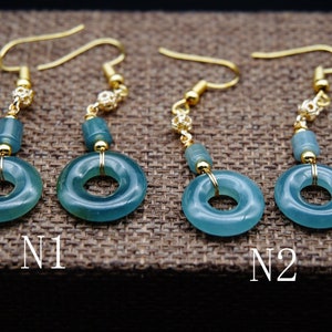 Certified Grade A Jadeite Jade Translucent icy Donut Ring Earrings w 14K Gold plated  Jadeite Handmade Carved   07/91