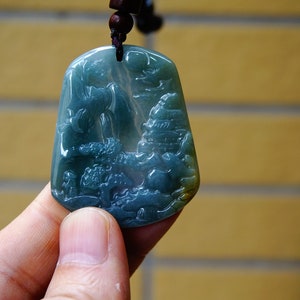 47MM Certified Natural Untreated Grade A Icy Jadeite Handmade Carved  Style Scenery, Bridge Mountain Tree, pendant Gemstone 296
