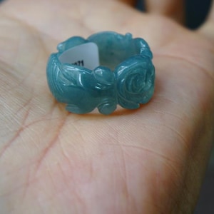 21mm US 11 1/2 Jade Ring Certified Natural Grade A Jadeite Icy translucent Teal Blue Rose Flower Fish Gemstone Jewelry 天然冰胶危淡蓝翡翠玫瑰花和鱼戒圈 2071