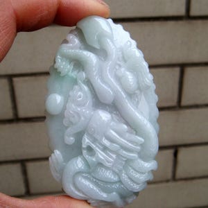 73mm Certified 100% Natural Untreated Grade A Light Green Lavrender Jadeite  Handmade Carved Dragon Pendant   Gemstone 96