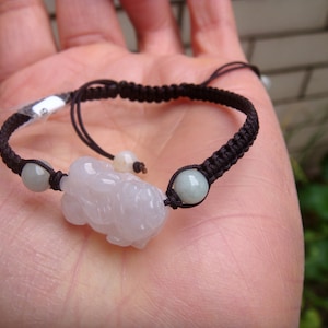 20mm Pixiu Jadeite Bracelet Light white Natural Grade A Jadeite Handmade Carved Gemstone,  Jewelry w certificate 912