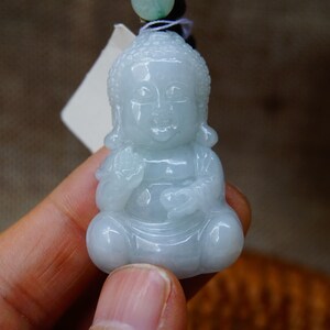 47MM Certified 100% Natural Untreated Grade A light green White Jadeite Buddha Ruyi Pendant Necklace  Gemstone 1895