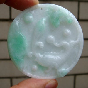 55mm Jadeite  Pendant 100% Natural Untreated Grade A Jadeite   Carved Fish Carp Flower Ruyi  Gemstone Cerificate 0031