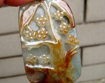 40mm Jadeite Certified 100% Natural Untreated Grade A (A type) Handmade Carved Magpies Plum Flower Pendant   Gemstone
