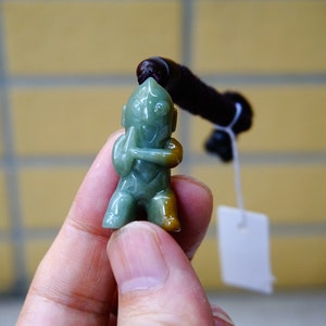 Certified 100% Natural Untreated Grade A Green Icy Jadeite Handmade Carved  Ultraman Pendant Necklace   Gemstone